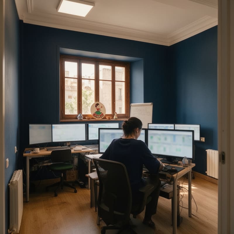 Persona de espaldas frente a varios monitores en una habitación con paredes azules y ventana de madera.