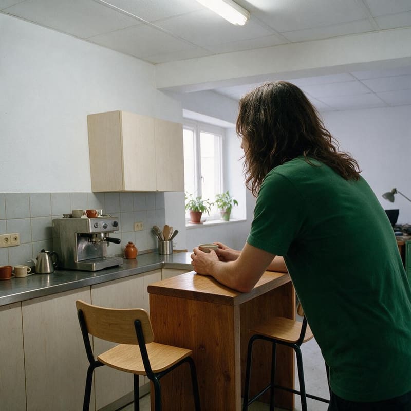 Hombre de pelo largo con camiseta verde apoyado en una barra de madera con una taza en una cocina.