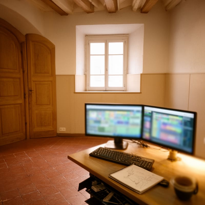 Escritorio con monitores y libreta en una sala con techo de vigas, suelo de terracota y una ventana al fondo.
