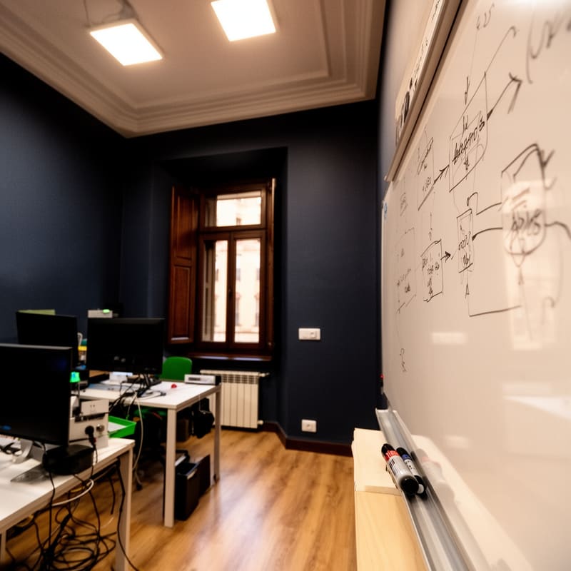 Oficina de paredes azules con pizarra blanca con esquemas, escritorios con monitores y ventana de madera.