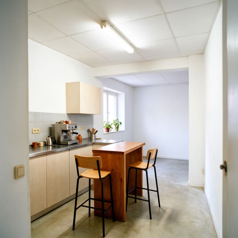 Cocina con muebles de madera, cafetera, mesa alta con dos taburetes y una ventana con plantas.