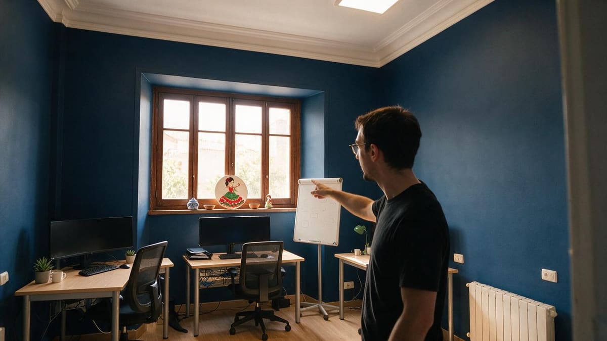 Hombre señala una pizarra blanca en un despacho de paredes azules con escritorios y una ventana.