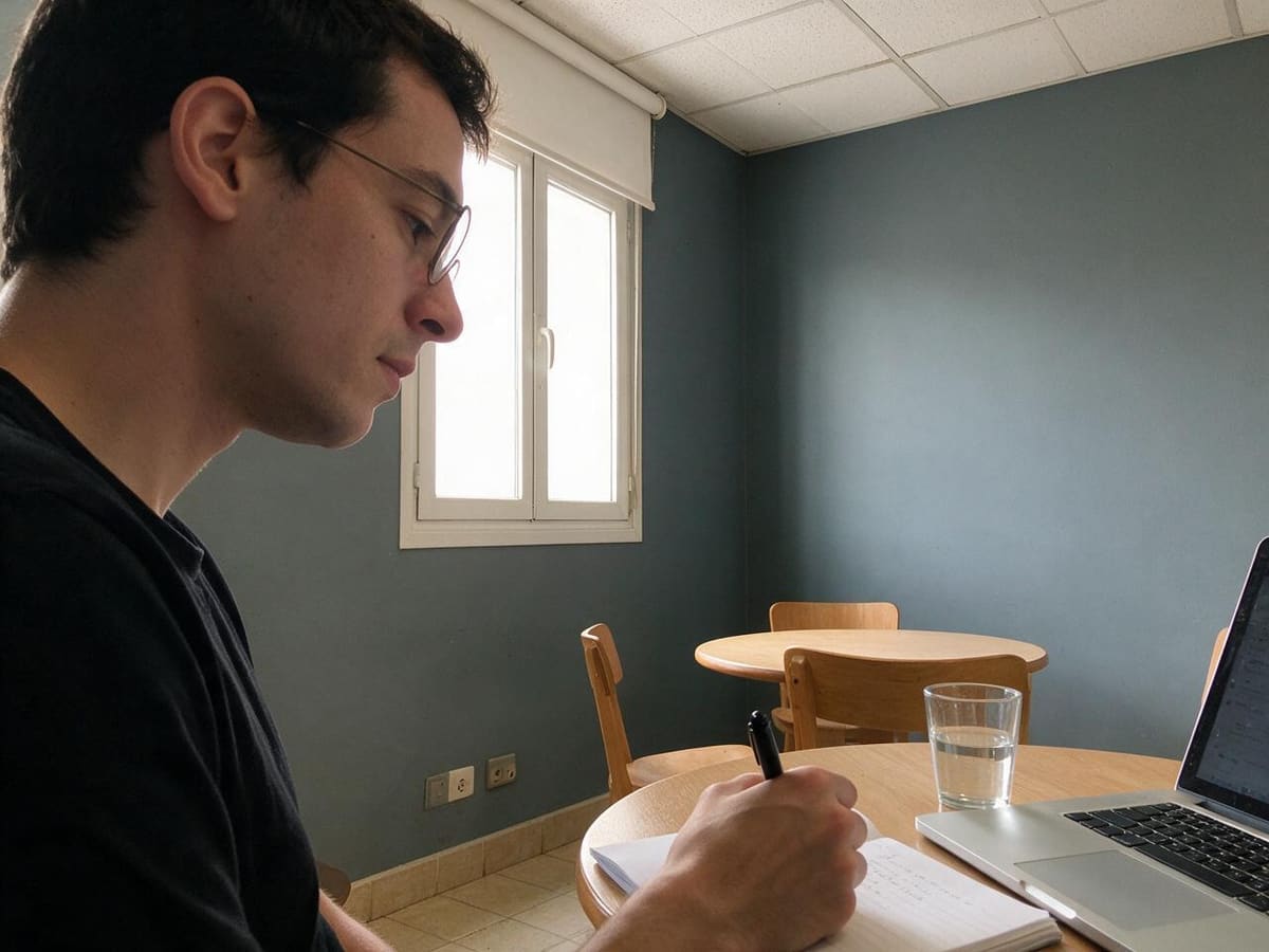 Hombre con gafas escribe en un cuaderno frente a un portátil y un vaso de agua en una mesa de madera.