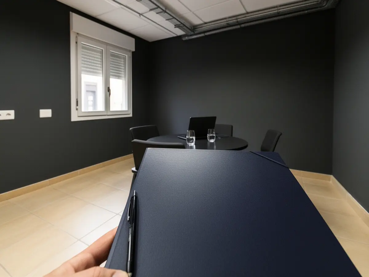 Mano con carpeta de propuesta sobre la mesa de reuniones.