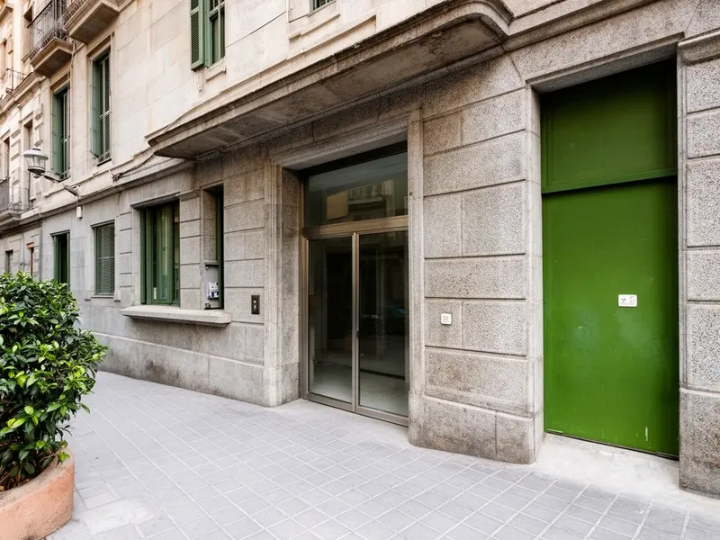 Fachada de piedra con puerta de cristal, panel verde, ventanas con contraventanas y acera de baldosas.