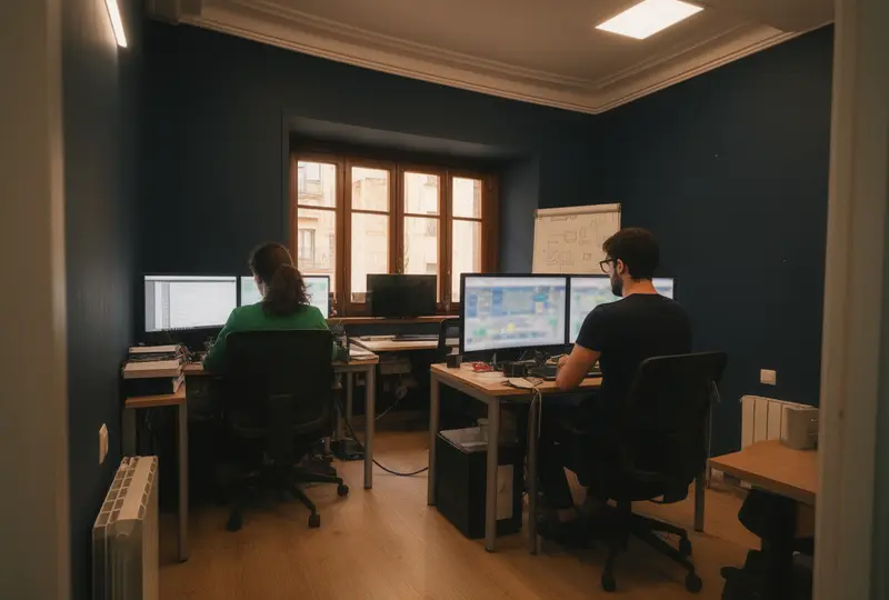 Dos personas sentadas frente a monitores en una oficina con paredes azul oscuro y una ventana de madera.